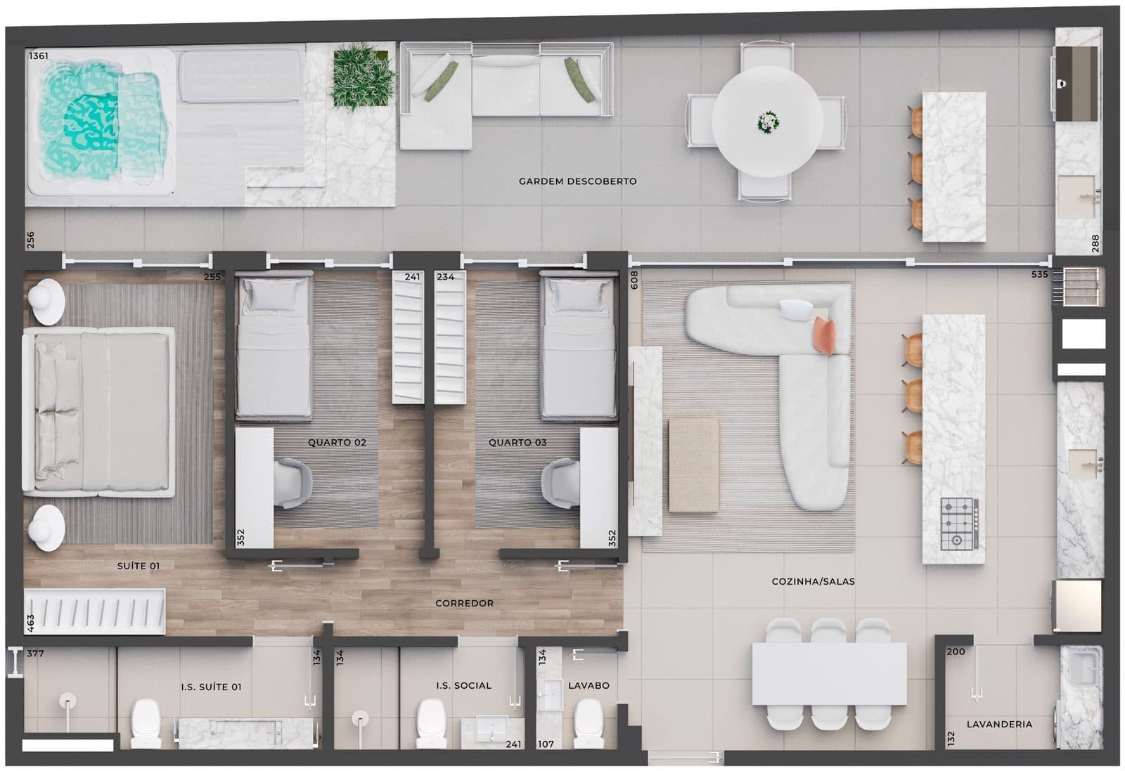Planta da tipologia Garden 103 · 87 m² + 35 m² descoberta