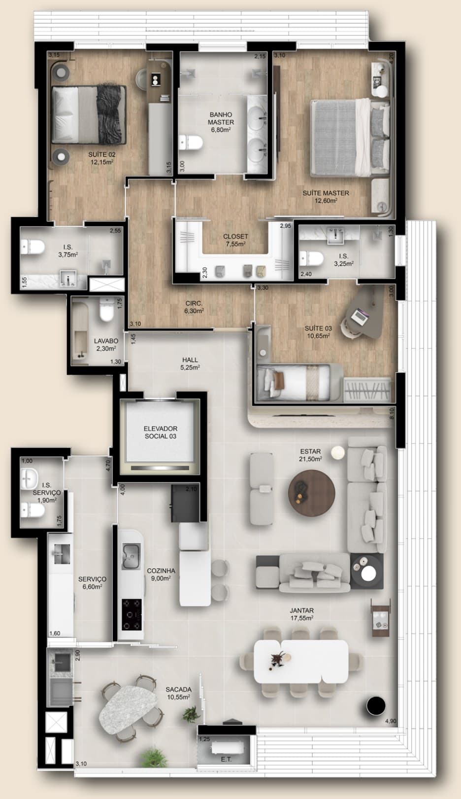 Planta da tipologia Apartamento 164 m²