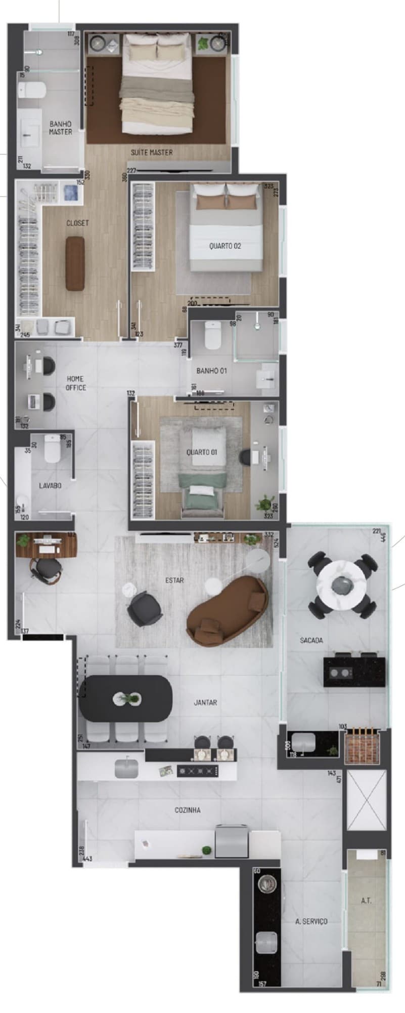 Planta da tipologia Apartamento Tipo 129m²
